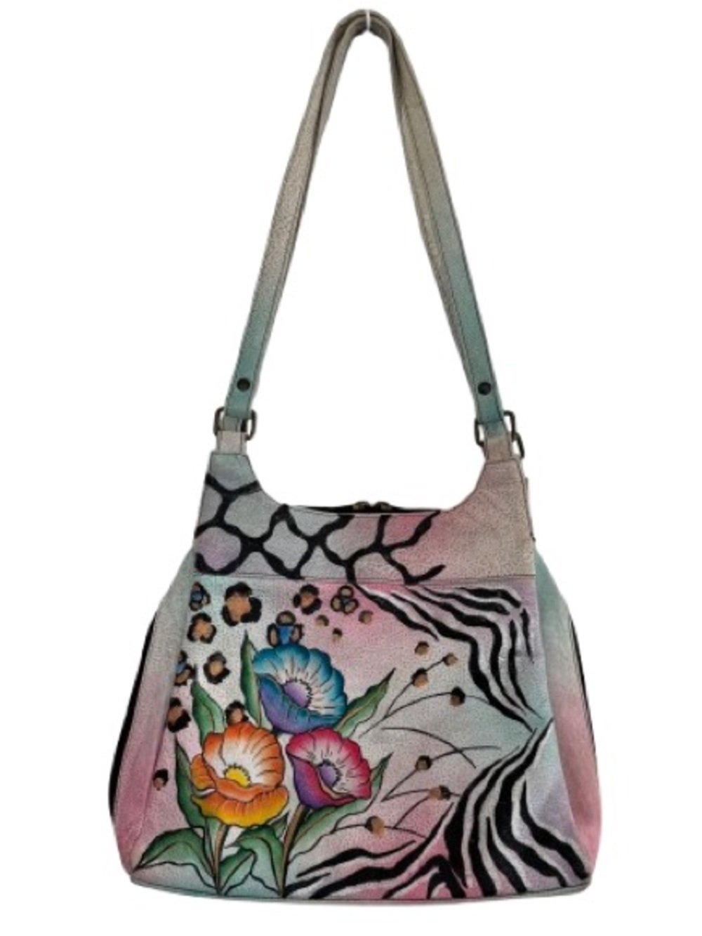 Anuschka Safari Flower Triple Compartment Shoulder Bag Animal Print Metallic